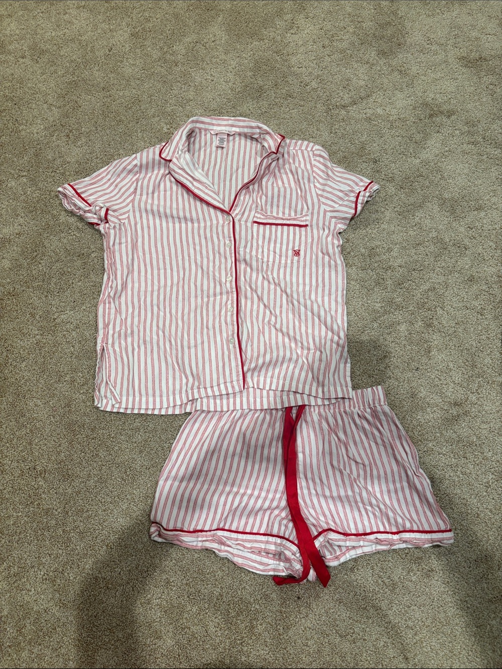 Victoria's Secret Pink & White Striped Short Pajama Set with Red Trim